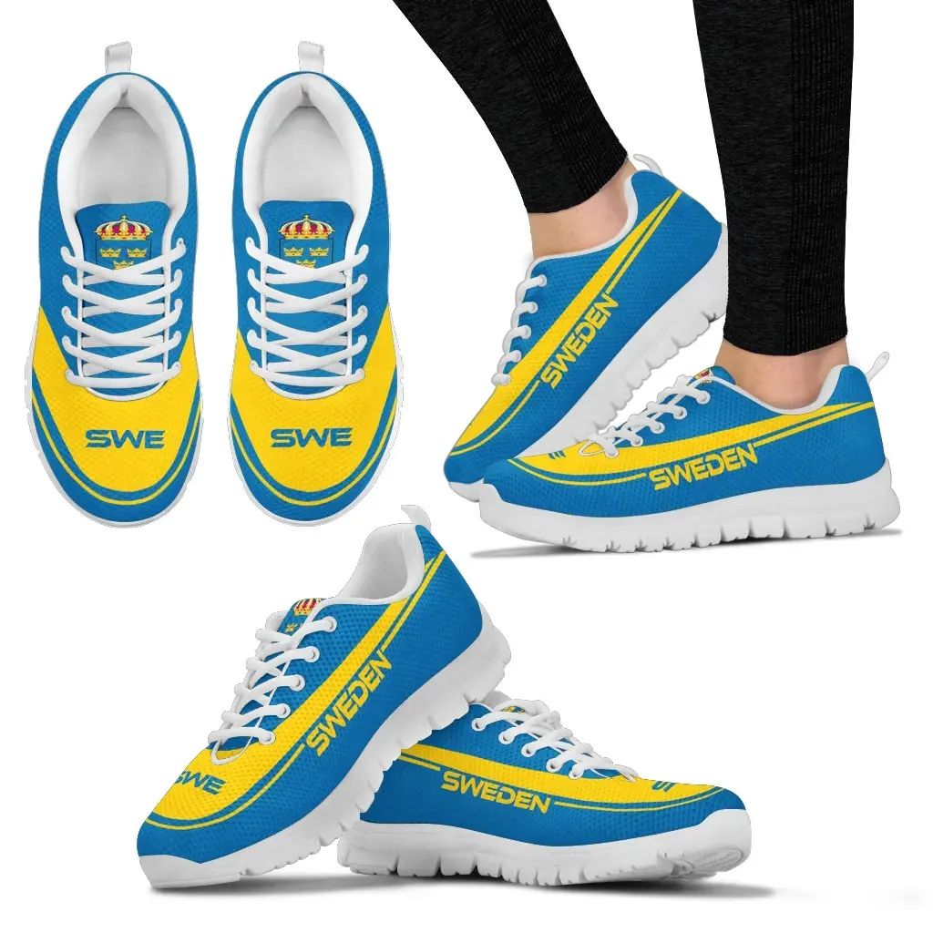 Sweden sneakers blue and yellow, white laces, white soles, front and heel views