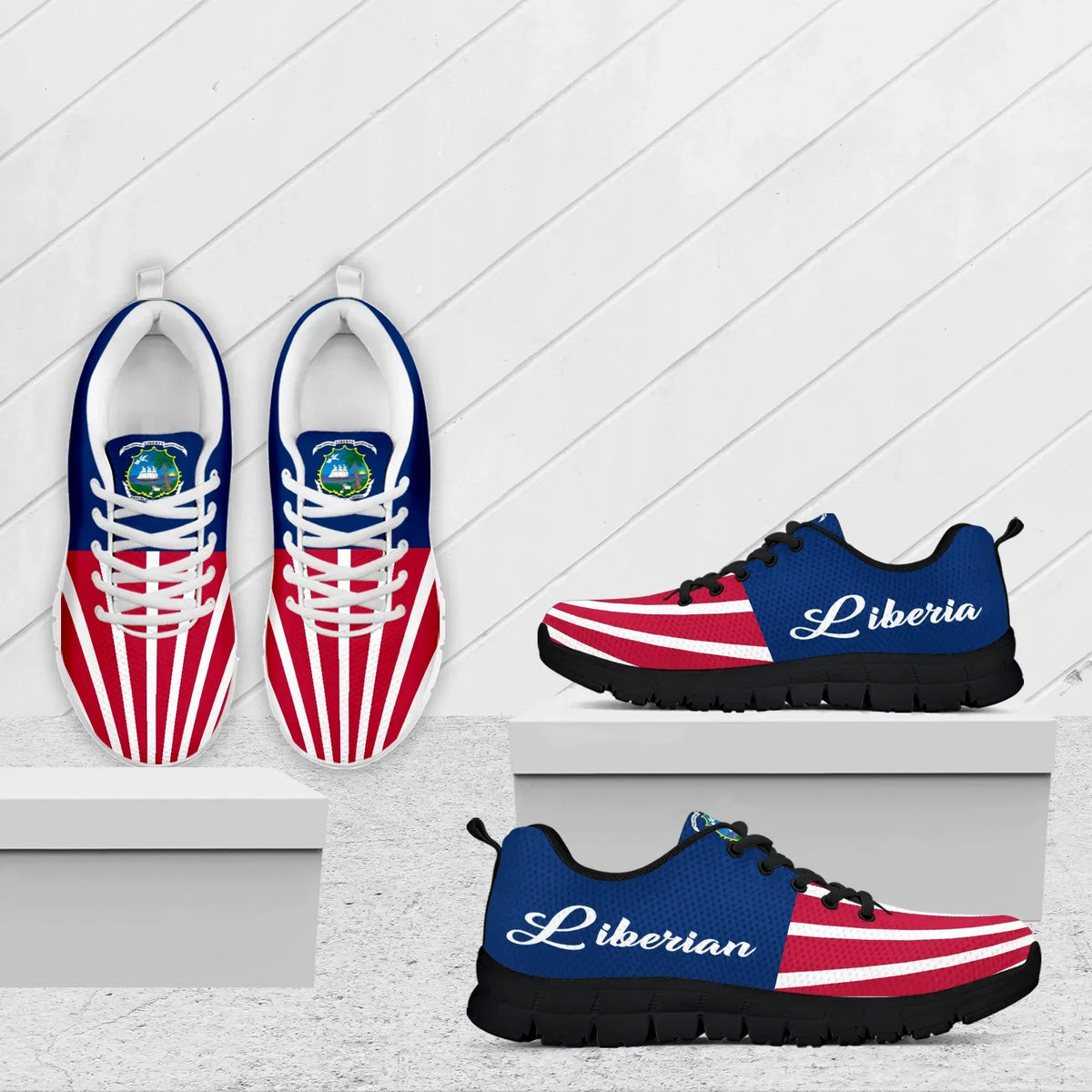 Liberia flag print sneakers with blue side panels and white red striped accents