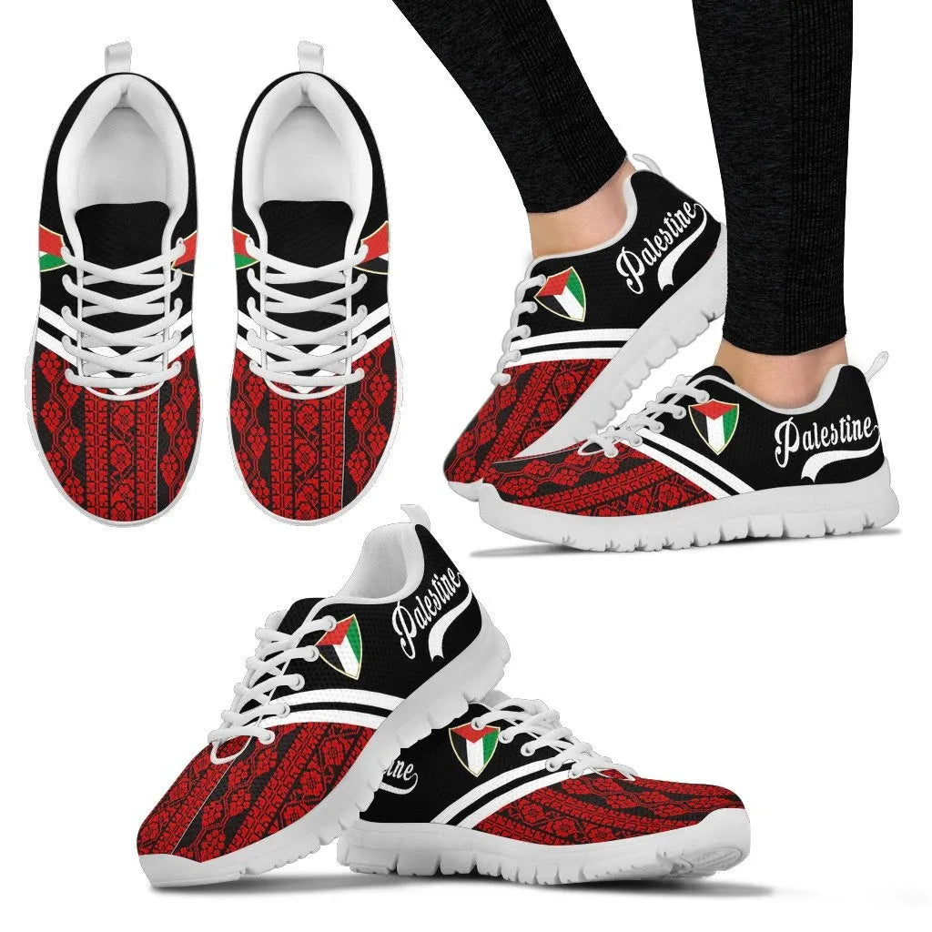 White-sole low-top sneakers with red patterned fabric, green-red crest badge, and 'Palestine' text