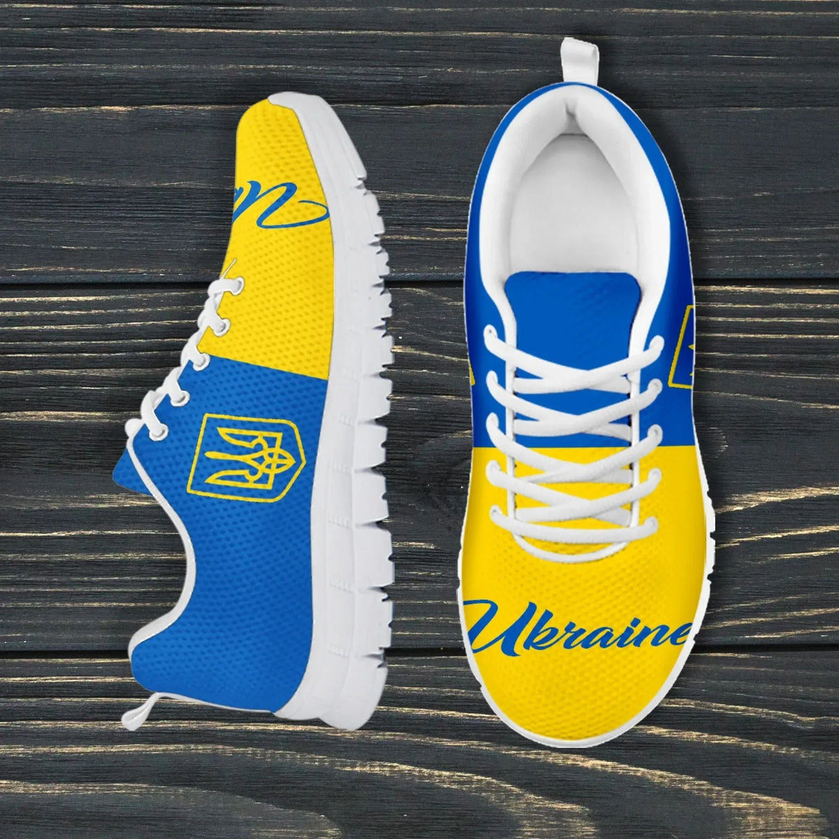 Ukrainian flag sneakers, blue-and-yellow uppers, white laces and white sole