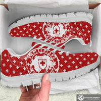Red Swiss-cross sneakers with white laces and white sole, repeating cross pattern