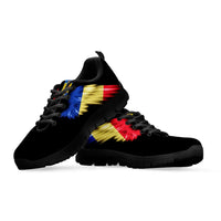 Two black sneakers with colorful stripe graphic, black laces, and dark tread soles