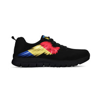 Black low-top sneakers with colorful stripe graphic and black tread sole