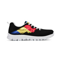 Black low-top sneakers with colorful stripe graphic, white laces, and white tread sole