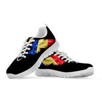 Two black sneakers with colorful stripe graphic, white laces, and white tread soles