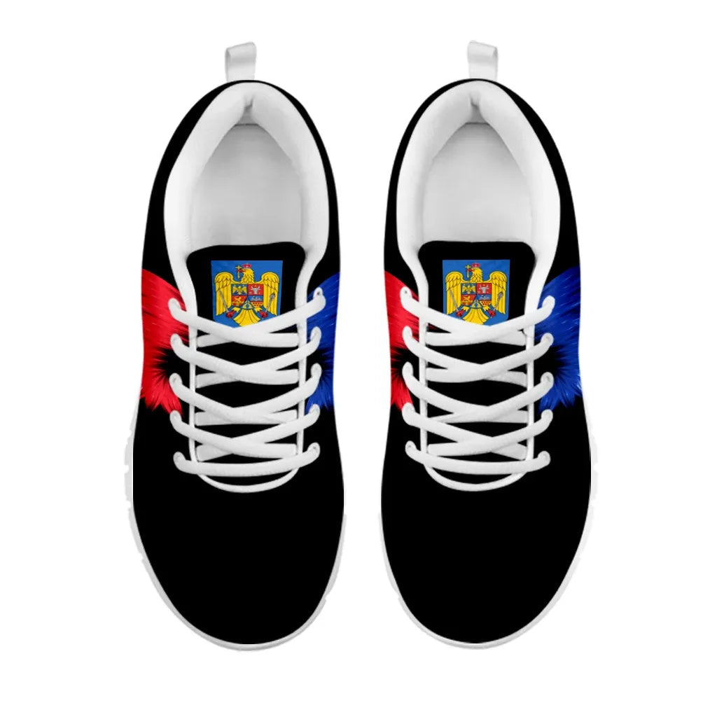 Black sneakers, crest detail on tongue, with white laces