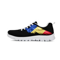 Black sneakers with colorful stripe graphic, white laces, and white tread sole
