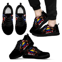 Black sneakers with open hand Colombia flag print, black laces and black sole