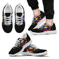 Black sneakers with open hand Colombia flag print, white laces and white sole