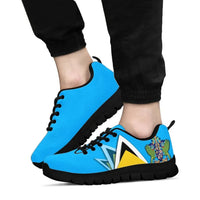 Blue Saint Lucia sneakers on feet, black laces and black tread sole