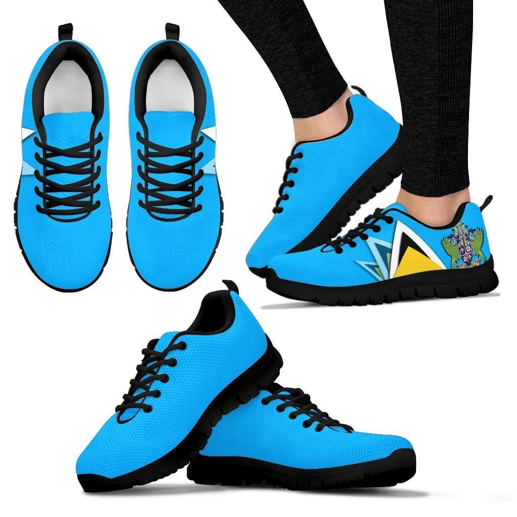 Blue Saint Lucia sneakers with crest print; extra pair shown, black sole