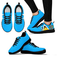 Blue Saint Lucia sneakers with crest print; extra pair shown, black sole