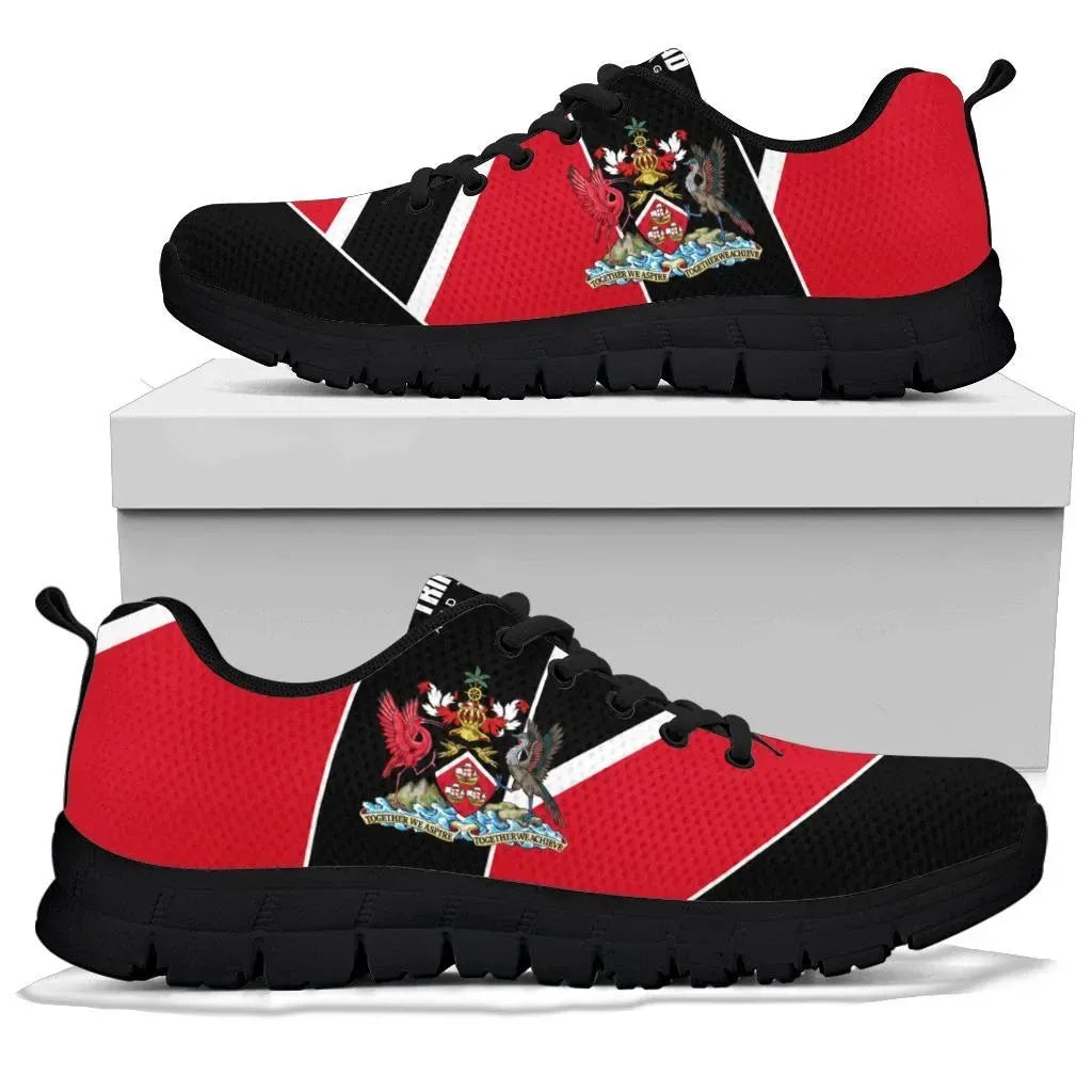 Red and black Trinidad sneakers with black laces, crest logo, and chunky black sole