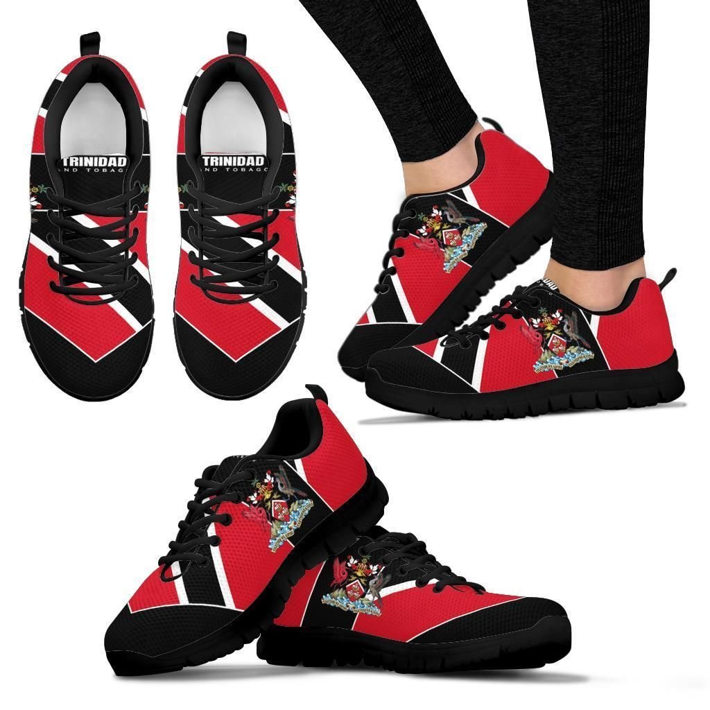 Red and black Trinidad sneakers, “Trinidad Tobago” heel text, crest emblem, black sole
