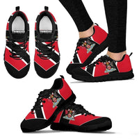 Red and black Trinidad sneakers, “Trinidad Tobago” heel text, crest emblem, black sole