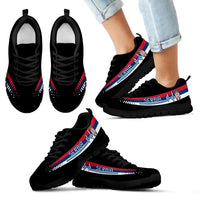 Serbia heartbeat sneakers, angled view of black pair with flag stripe and black soles