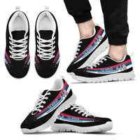 Serbia heartbeat sneakers, black uppers with flag stripe and white rubber soles