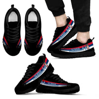 Serbia heartbeat sneakers, black uppers with flag stripe and black rubber soles