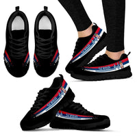 Serbia heartbeat sneakers on feet, black colorway with flag stripe and black soles