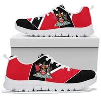 Red and black Trinidad sneakers with crest emblem, white laces, chunky white sole