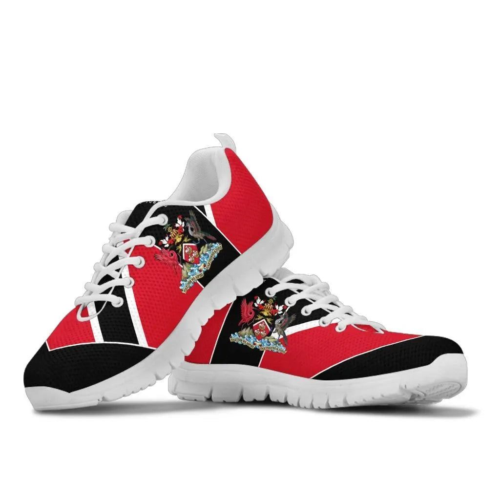 Red and black Trinidad sneakers, crest logo on side, white laces, chunky white outsole