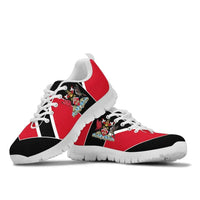 Red and black Trinidad sneakers, crest logo on side, white laces, chunky white outsole