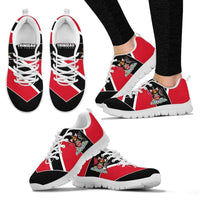 Red and black Trinidad sneakers set, “Trinidad Tobago” heel text, crest logo, white sole