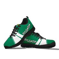 Green/white lace-up sneakers with Bulgaria crest text; black sole