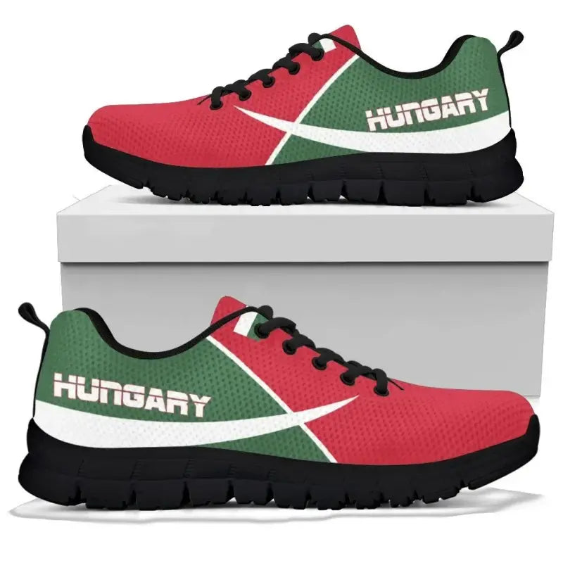 Hungary active sneakers, red and green uppers with black tread sole