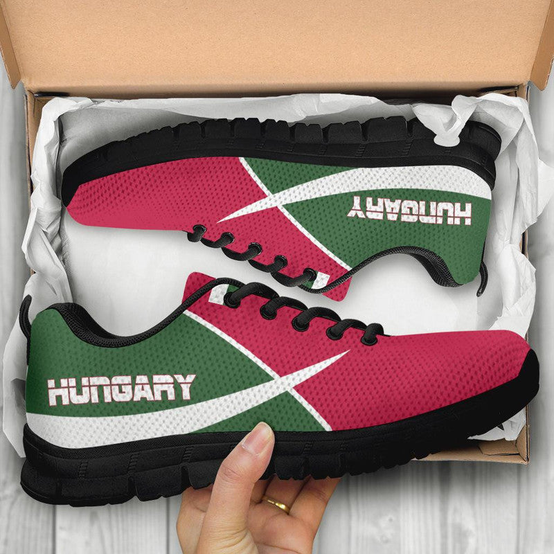 Hungary active sneakers in box, red/green uppers with black sole and white stripe