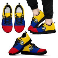 Colombia coat of arms sneakers, tricolor upper, black sole, lace-up side crest