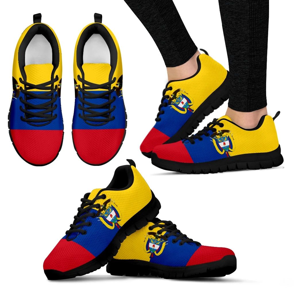 Colombia coat of arms sneakers, tricolor upper, black sole, front and side view