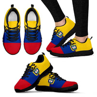 Colombia coat of arms sneakers, tricolor upper, black sole, front and side view