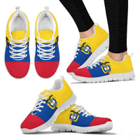 Colombia coat of arms sneakers, tricolor upper, white sole, front and side view