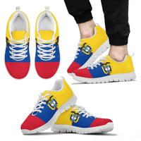 Colombia coat of arms sneakers, tricolor upper, white sole, lace-up side crest