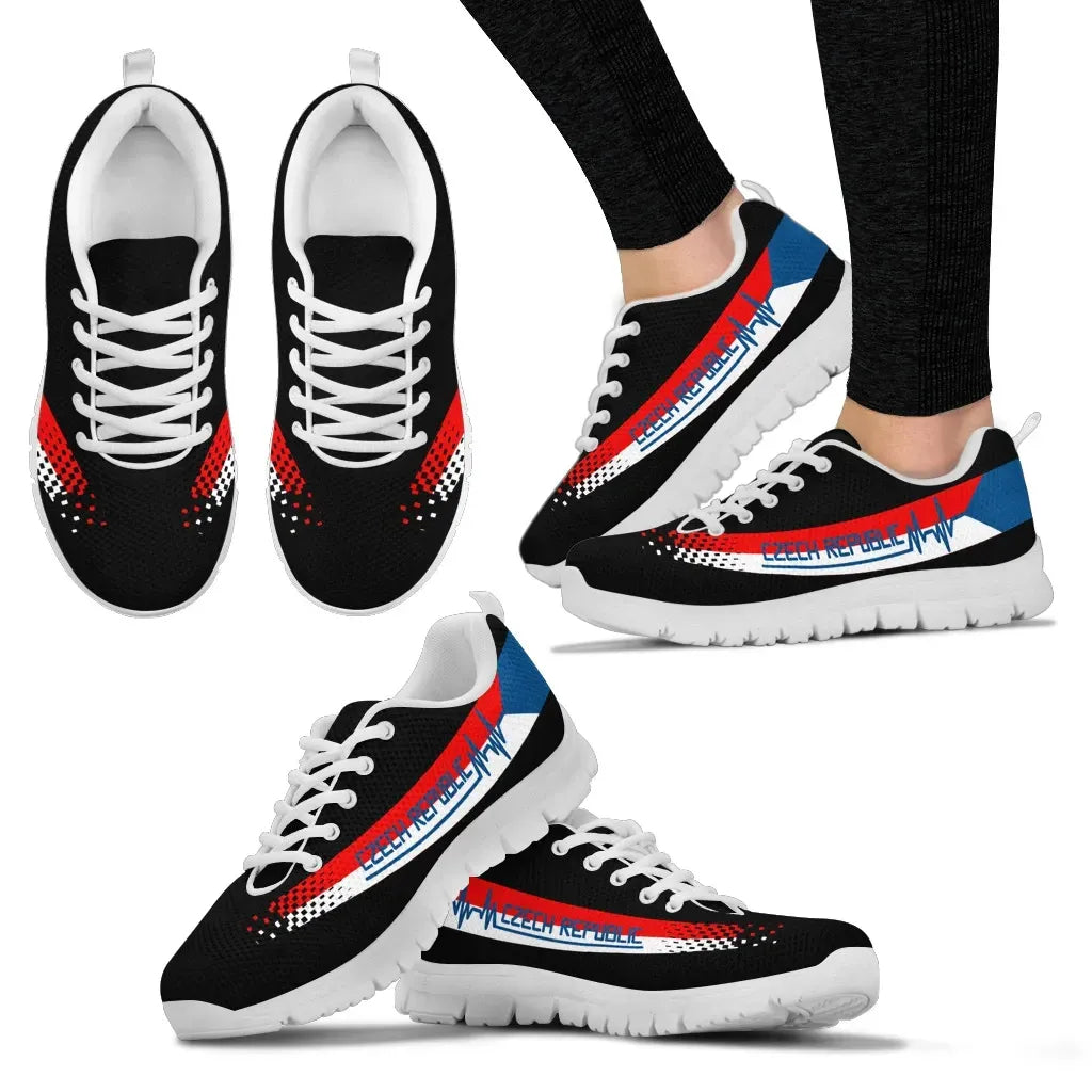 Czech Republic Heartbeat sneakers on foot, black with multicolor stripe; white sole