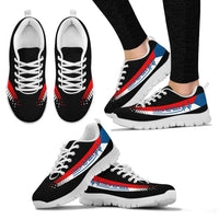 Czech Republic Heartbeat sneakers on foot, black with multicolor stripe; white sole