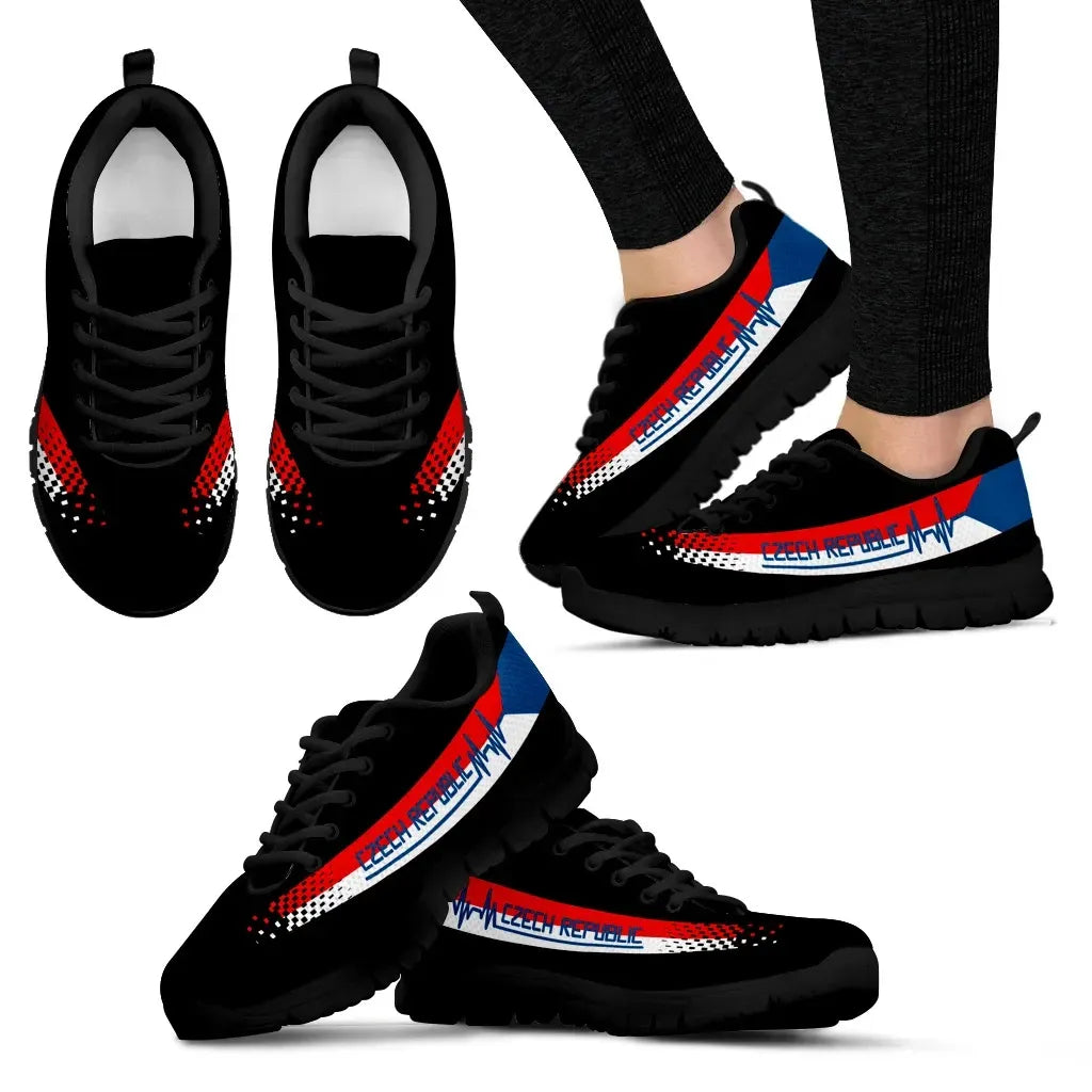 Czech Republic Heartbeat sneakers on foot, black with multicolor stripe; black sole