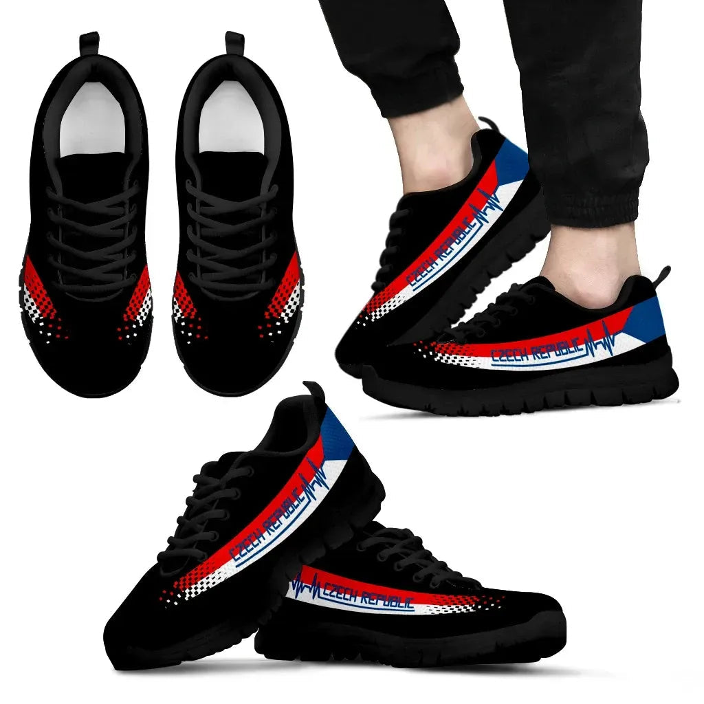 Czech Republic Heartbeat sneakers, black design with multicolor stripe; black sole