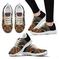 Front and side views of Aztec calendar print sneakers, black uppers, multicolor pattern, white sole