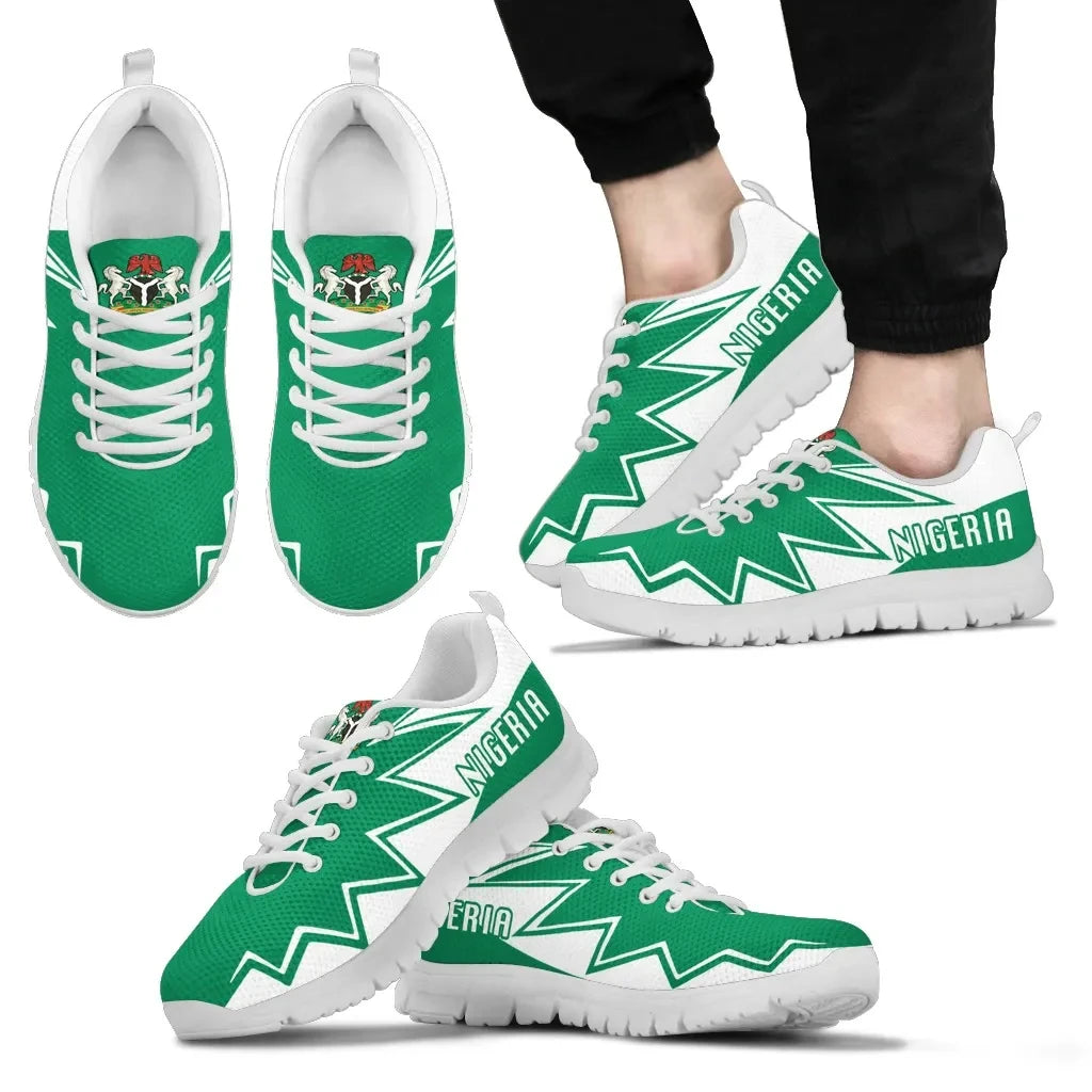 Green Nigeria sneakers with white zigzag graphic, white laces and white sole