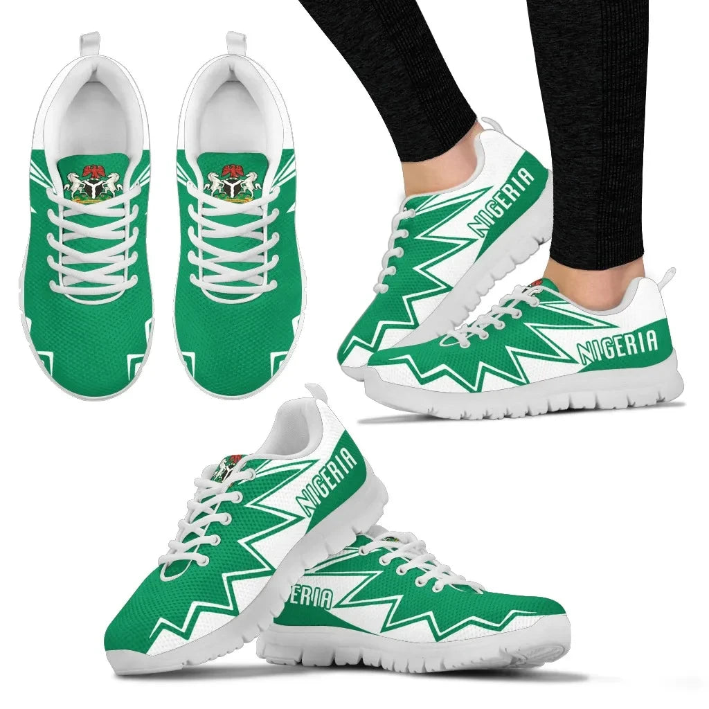 Green Nigeria sneakers, side view with Nigeria text, white laces and white sole