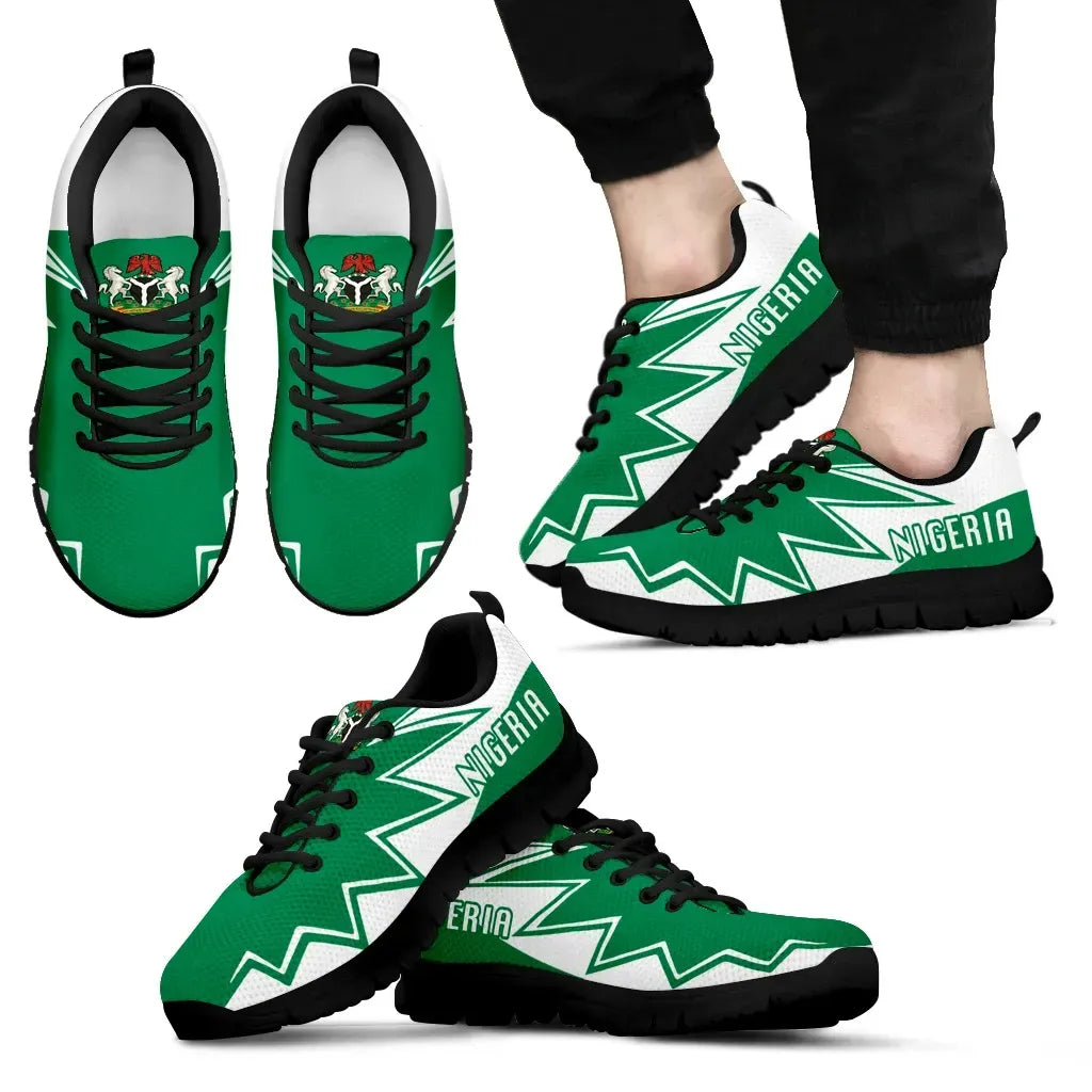 Green Nigeria sneakers with white zigzag graphic, black laces and black sole