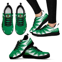 Green Nigeria sneakers, side view with Nigeria text and emblem, black sole
