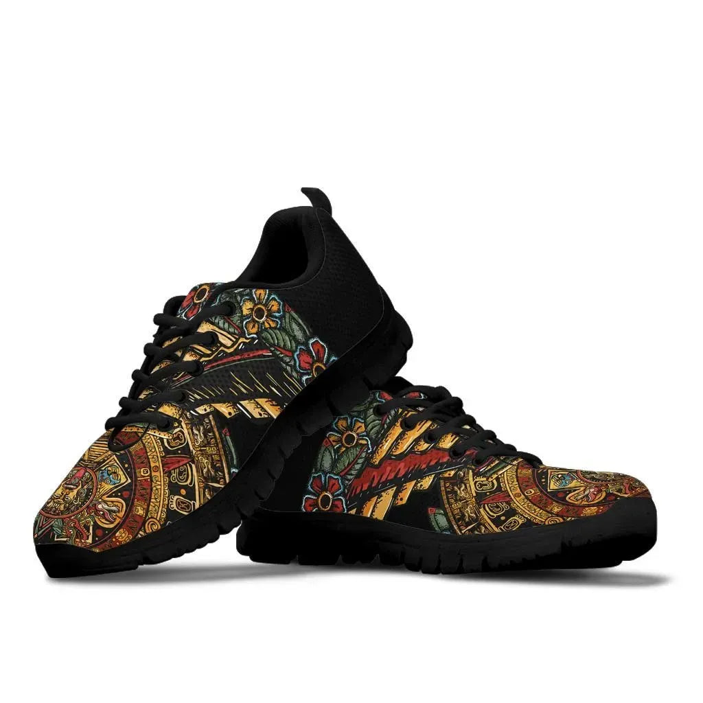 Side view Aztec calendar print sneakers, black uppers with multicolor pattern and black sole