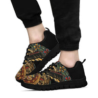 Aztec calendar print sneakers with black upper and black outsole, multicolor design