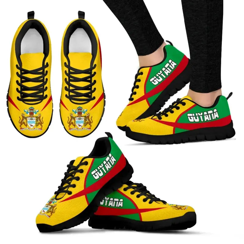 Active sneakers with yellow, green & red print, black sole, lace-up