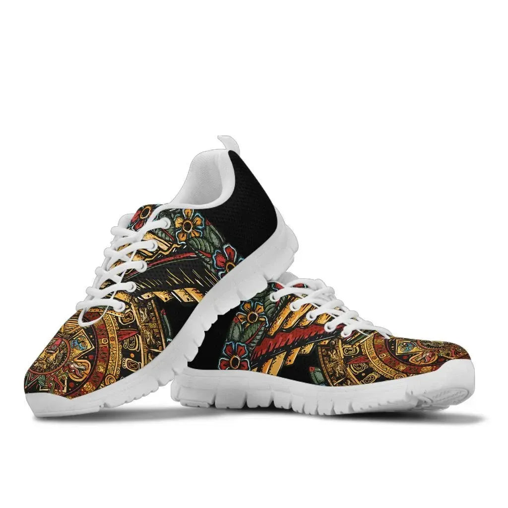 Aztec calendar print sneakers with white outsole and white laces, black upper, multicolor design