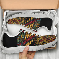 Aztec calendar print sneakers in box, black upper with multicolor artwork, white outsole