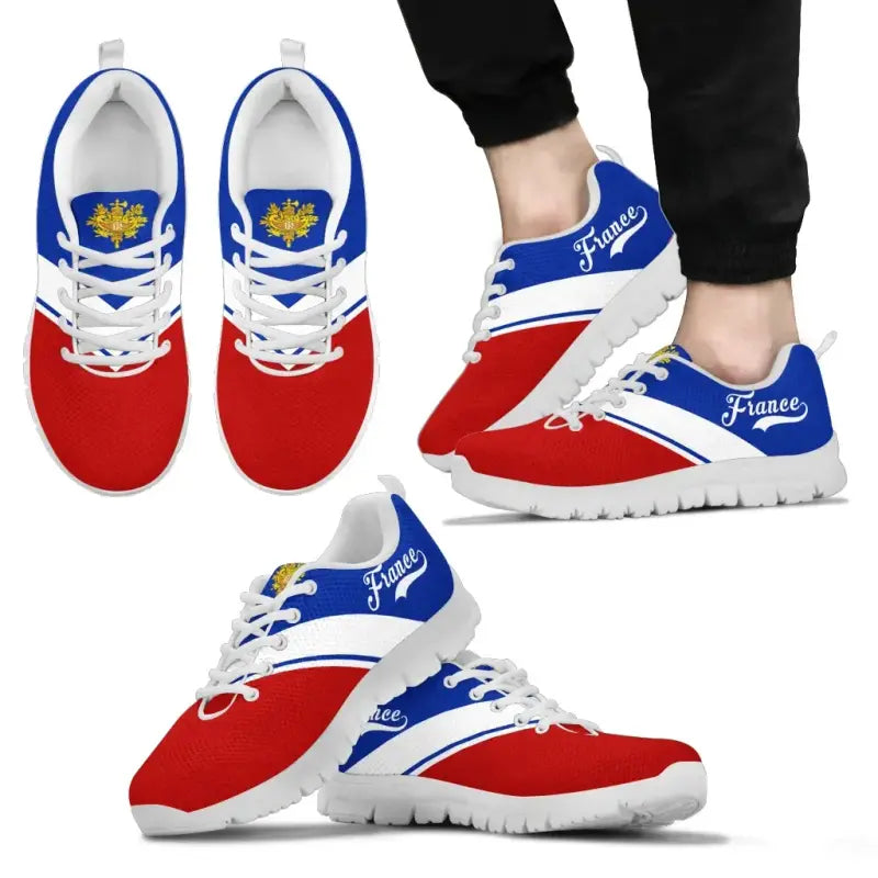 Multicolor France flag sneakers, white heel and red sides, white sole, lace-up